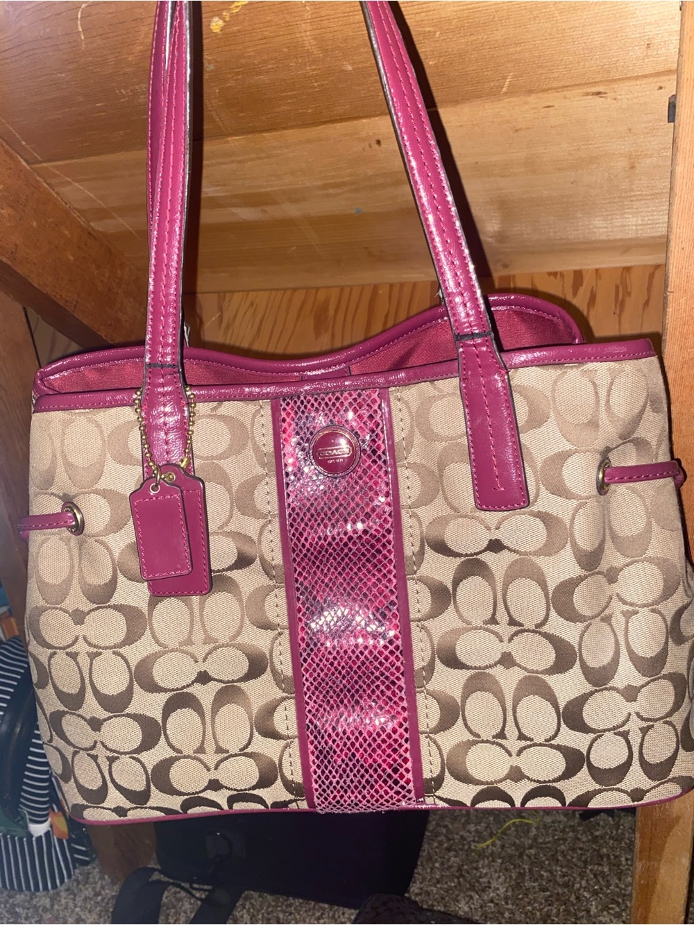 Coach Signature Tote with Purple Trim